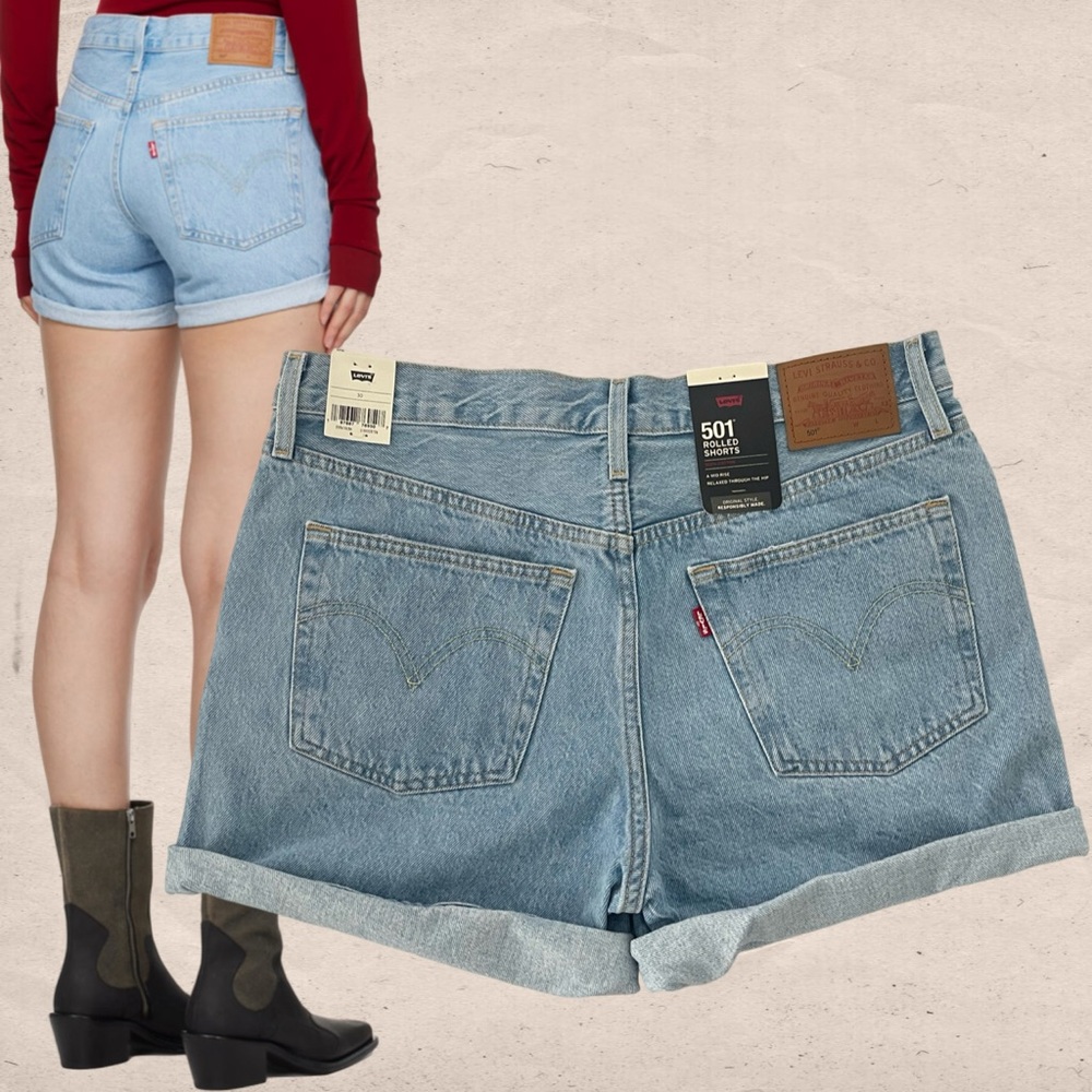 Levi’s 501 Rolled Up Shorts Light Wash Jeans Cuffed Button-fly Mid High-rise 30 - Picture 4 of 6